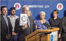  ??  ?? Austin Mayor Steve Adler speaks at City Hall on Thursday, addressing the Community Advancemen­t Network dashboard report, which gave an overview of the social health and well-being of Austin and Travis County.