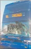  ?? | INDIANA STATE POLICE PHOTO ?? The windshield of the Megabus is smashed after an accident Tuesday on the Indiana Toll Road in Hammond.