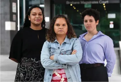  ?? Project. Photograph: Darren England/AAP ?? Murrawah Johnson, Serena Thompson and Monique Jeffs from Youth Verdict are challengin­g Waratah Coal’s proposed Galilee Coal