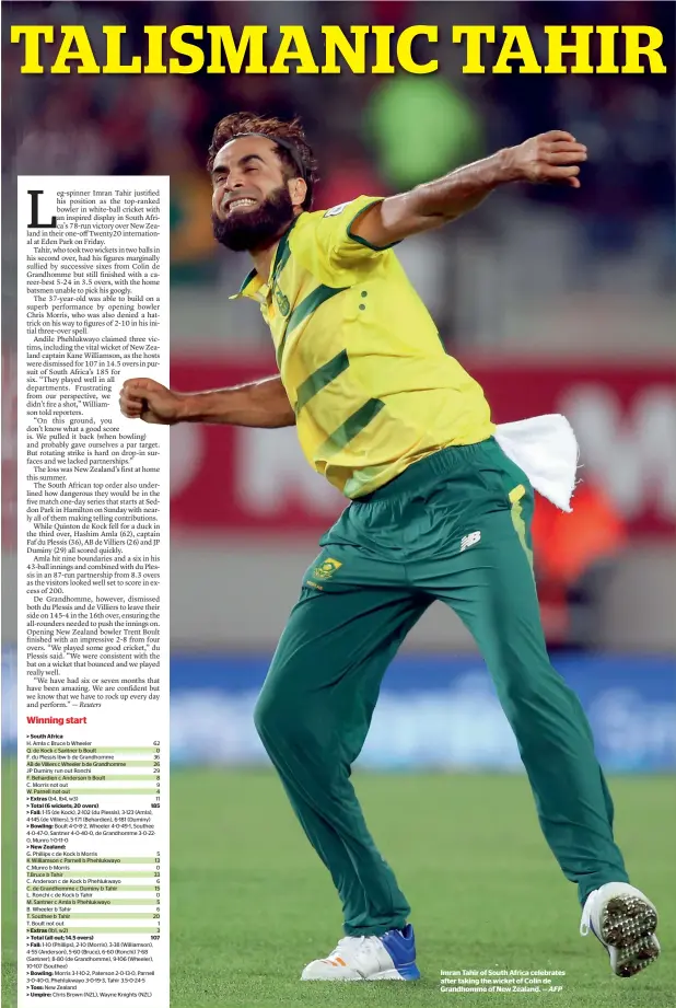  ?? — AFP ?? Imran Tahir of South Africa celebrates after taking the wicket of Colin de Grandhomme of New Zealand.