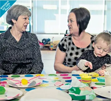  ??  ?? Theresa May meets parents and children at St Andrew’s Primary School in Heddonon-the-wall, Northumber­land, above, during her tour of Britain, one year to the day before Britain leaves the EU