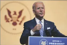  ?? ASSOCIATED PRESS ?? PRESIDENT-ELECT JOE BIDEN speaks at The Queen theater Wednesday in Wilmington, Del.