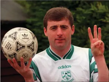  ??  ?? John Ryan, Bray Wanderers, pictured with the match ball from the 1990 FAI Cup final when he scored a hat-trick against St. Francis.