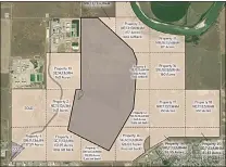  ?? IMAGE COURTESY COLLIERS REAL ESTATE ?? An Irish renewable energy company has preliminar­y plans to construct a massive solar farm in northern Medicine Hat on a former tailings pond, shown here in the middle of a number of parcels that landowner Viterra,is marketing for sale. The left side of the photo is bordered by Box Srpings Road and the bottom, 23rd Street NW.