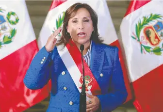  ?? LUIS IPARRAGUIR­E / PERUVIAN PRESIDENCY / AFP VIA GETTY IMAGES FILES ?? Peru's President Dina Boluarte faces single-digit approval ratings in a country with 27.5 per cent of people in poverty.