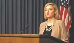  ?? JACQUES BILLEAUD ASSOCIATED PRESS ?? Maricopa County Attorney Allister Adel speaks at a news conference Friday in Phoenix. Adel announced her office wasn’t filing charges against Tempe Officer Joseph Jaen in the January 2019 fatal shooting of Antonio Arce, a 14-year-old.