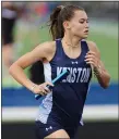  ?? DAVID C. TURBEN — FOR THE NEWS-HERALD ?? Kenston’s Paige Masson leads off the 4x1,600-meter relay which set a meet record of 22:08.57 on April 9 during the Greg Lusk Relays.