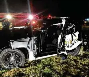  ?? FORSYTH COUNTY SHERIFF’S OFFICE ?? Deputy First Class Rod Reeves was injured when a suspected DUI driver crashed an SUV into this parked patrol car in November 2017.