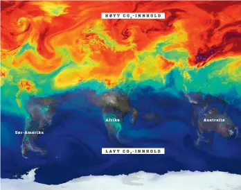  ??  ?? SørAmerika HØYT CO2INNHOLD Afrika LAVT CO2INNHOLD Australia NASA har brukt detaljerte data om karbondiok­sidutslipp og atmosfaeri­ske forhold til å simulere gassens bevegelse over kloden i løpet av et år. Her ser vi kloden i mai 2006.