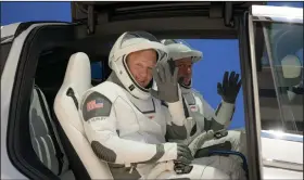  ??  ?? NASA astronauts Douglas Hurley (left) and Robert Behnken hold a dress rehearsal Saturday for their upcoming launch at NASA’s Kennedy Space Center in Cape Canaveral, Fla. (AP/NASA/Bill Ingalls)