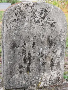  ?? Kurt Kneeland/Courtesy ?? A concrete marker for Ed George, who died in 1926 and was buried in the George Family Cemetery, includes the inscriptio­ns “Gone but not Forgotten” and “At rest.”