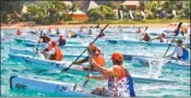  ??  ?? ISLAND STYLE: Paddlers burst off the starting line inside a lagoon at last year’s Mauritius Ocean Classic