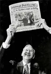  ??  ?? On Jan. 18, 1993, William Block Sr. holds aloft the first edition after a strike that saw the Post-Gazette emerge as the region’s leading paper.