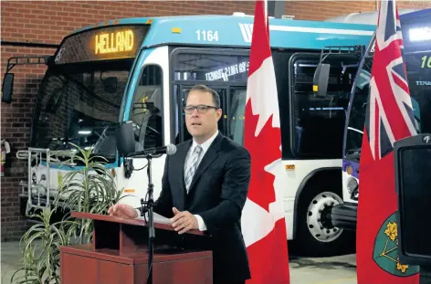  ?? ALLAN BENNER/STANDARD STAFF ?? St. Catharines Mayor Walter Sendzik discusses new federal funding for Niagara transit services, during an announceme­nt Friday in St. Catharines.