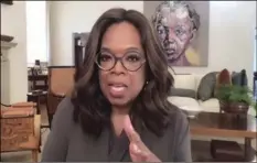  ?? THE CALL TO UNITE VIA AP ?? In a photo provided by The Call to Unite, Oprah Winfrey speaks during the 24-hour live event, which was transmitte­d on Friday.