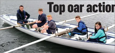  ??  ?? Cox David Hussey with Portmagee RC Under 12 crew members Michael Murphy, Stephen O’Riordan, Noah Diosew and Kelly Carr at Sneem Regatta on Saturday.