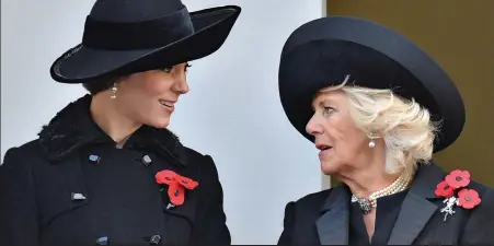  ??  ?? Poppies on parade: Kate and Camilla in quiet conversati­on on the Foreign Office balcony overlookin­g Whitehall
