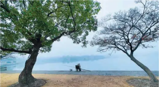  ?? ?? A man is fishing on a misty morning by the picturesqu­e Huating Lake, resembling a beautiful ink wash painting. — Ti Gong