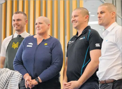  ?? PICTURES / PAUL BROOKS ?? Sam Monaghan (left) displays his freshly shorn flock — Andrea Hickling, Scott Carson and Toby Wells.