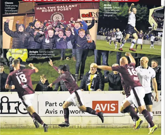  ??  ?? Cheers These young Linlithgow fans enjoyed the occasion
Delight Tommy Coyne wheels away after netting Linlithgow’s equaliser
At the double Falkirk’s Conor Sammon celebrates his first goal