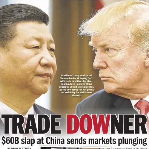  ??  ?? President Trump confronted Chinese leader Xi Jinping (left) with trade sanctions for stealing U.S. tech – a move China promptly vowed to retaliate for, as the Dow Jones fell 724 points on awful day for Wall Street (below).