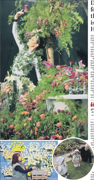  ?? PICTURES: GARY LONGBOTTOM. ?? HOUSE PLANTS: Top, Alison Parson wearing a floral dress by Nicola Downing from Harrogate on the Green House display; left, Sallyanne Foremen of Walker Bulbs in Holbeach; right, Phil Airey, operations manager for Horticap in Harrogate with models of...