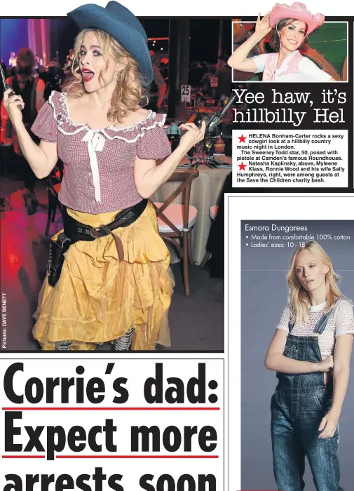  ??  ?? HELENA Bonham-Carter rocks a sexy cowgirl look at a hillbilly country music night in London.
The Sweeney Todd star, 50, posed with pistols at Camden’s famous Roundhouse. Natasha Kaplinsky, above, Myleene Klass, Ronnie Wood and his wife Sally...