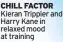  ?? ?? CHILL FACTOR Kieran Trippier and Harry Kane in relaxed mood at training