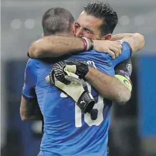  ?? MARCO LUZZANI/GETTY IMAGES ?? Italy goalkeeper Gianluigi Buffon cries after a scoreless tie against Sweden on Monday in Milan. The team was eliminated from World Cup qualificat­ion, losing the playoff 1-0 on aggregate.