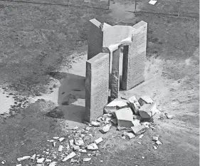  ?? WSB-TV VIA AP ?? The Georgia Guidestone­s monument near Elberton, Ga., was damaged by a predawn bombing on Wednesday, authoritie­s say.