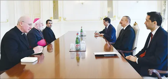  ??  ?? President Azerbaijan Ilham Aliyev received a delegation led by Secretary for Relations with States of the Hoy See Archbishop Paul Richard Gallagher.