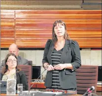  ?? GLEN WHIFFEN/THE TELEGRAM ?? Deputy Mayor Sheilagh O’leary speaks to a motion at St. John’s city council Tuesday to press the provincial government to ban single-use plastic bags. The motion passed unanimousl­y.