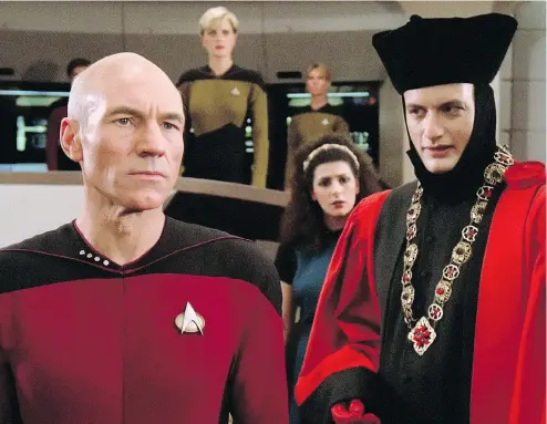  ?? PARAMOUNT TELEVISION ?? From left, Patrick Stewart as the inimitable Captain Jean-Luc Picard, John de Lancie as Q, Marina Sirtis as Counselor Deanna Troi and, back centre, Denise Crosby as Lieutenant Tasha Yar in the first episode of Star Trek: The Next Generation, which...