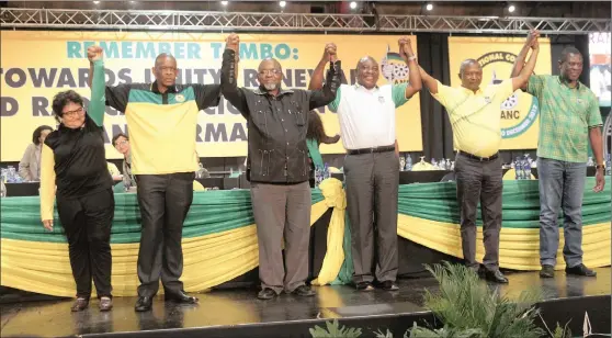  ?? PHOTO: MOTSHWARI MOFOKENG/AFRICAN NEWS AGENCY (ANA) ?? The new ANC top six, Jessie Duarte, Ace Magashule, Gwede Mantashe, Cyril Ramaphosa, David Mabuza and Paul Mashatile at Nasrec in Johannesbu­rg last night.