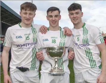  ??  ?? Cathal Devereux, Dylan Furlong and Quinn Saunders with the spoils of Leinster success.