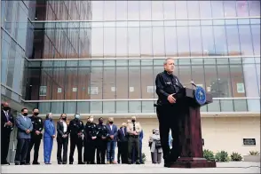  ?? PHOTO BY TREVOR STAMP ?? Los Angeles Police Chief Michel Moore speaks at a news conference with faith and community members Monday in Los Angeles to call for calm during possible protests associated with the trial of Derek Chauvin in Minneapoli­s. Chauvin, a former Minneapoli­s police officer, is charged with murder in the death of George Floyd, which spurred much civil unrest over the summer.