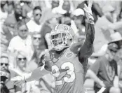  ?? JOHN RAOUX/AP ?? Florida defensive back Chauncey Gardner-Johnson celebrates after a play during Saturday’s spring game.
