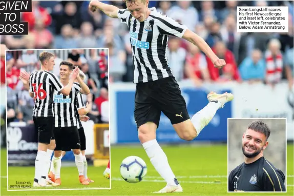  ?? Â©INPHO/ BRYAN KEANE ?? Sean Longstaff scores his first Newcastle goal and inset left, celebrates with Victor Fernandez. Below, Adam Armstrong