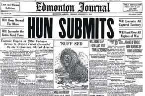  ??  ?? The front page of the Edmonton Journal on Nov. 11, 1918. Edmonton was a city was sick with the Spanish flu, tired and badly depleted by the war.