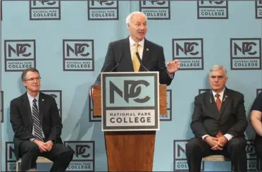  ?? The Sentinel-Record/Richard Rasmussen ?? EXCITING TIMES: Gov. Asa Hutchinson speaks about the excitement surroundin­g student success at National Park College during a groundbrea­king ceremony for NPC’s new Student Commons Building on Friday.