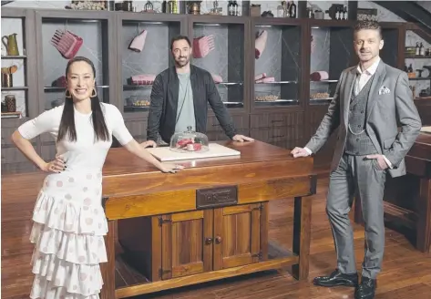  ?? Picture: Ten ?? MasterChef judges Melissa Leong, Jock Zonfrillo and Andy Allen show the new COVID-19 social distancing measures.