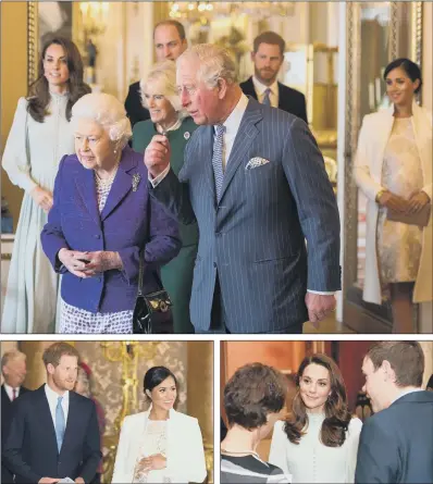  ?? PICTURES: PA WIRE. ?? ROYAL CELEBRATIO­N: The Queen and the Prince of Wales, with the Duke and Duchess of Cambridge, the Duchess of Cornwall, and the Duke and Duchess of Sussex, at a reception at Buckingham Palace to mark the 50th anniversar­y of the investitur­e of the Prince of Wales.