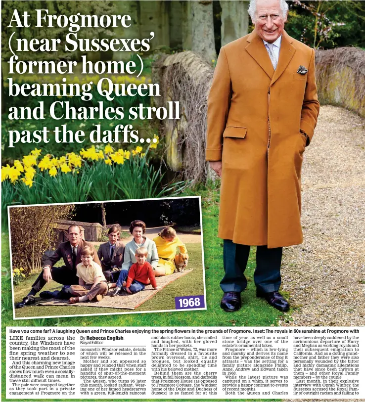  ??  ?? 1968
Have you come far? A laughing Queen and Prince Charles enjoying the spring flowers in the grounds of Frogmore. Inset: The royals in 60s sunshine at Frogmore with Princess Anne, Princes Philip, Andrew and Edward (plus corgi)