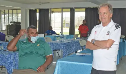  ?? Photo: ?? Marika Rodu (left) and Vodafone national football head coach Flemming Serritslev at the national coaching workshop at the Fiji Football Associatio­n headquarte­rs in Vatuwaqa on May 8, 2020. Ronald Kumar.