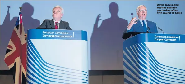  ?? Pictures: EPA, BLOOMBERG, GETTY ?? David Davis and Michel Barnier yesterday after fifth round of talks