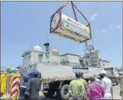  ?? ANSHUMAN POYREKAR/HT PHOTO ?? INS Trikand arrives with liquid medical oxygen containers as part of Operation Samudra Setu-2, at Naval Dockyard in Mumbai on Monday.