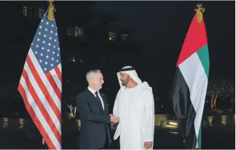  ?? Mohamed Al Hammadi / Crown Prince Court - Abu Dhabi ?? Sheikh Mohammed bin Zayed, Crown Prince of Abu Dhabi and Deputy Supreme Commander of the Armed Forces, receives James Mattis, US Secretary of Defence, in Abu Dhabi on Friday to discuss increasing military relations