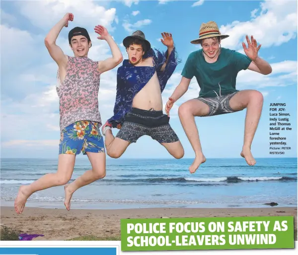  ?? Picture: PETER RISTEVSKI ?? JUMPING FOR JOY: Luca Simon, Indy Lustig and Thomas McGill at the Lorne foreshore yesterday.
