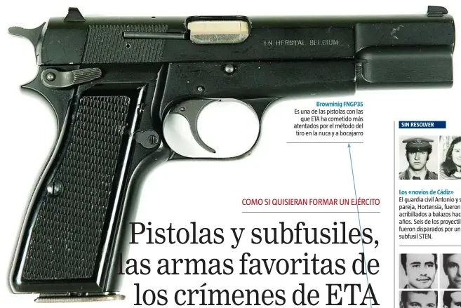  ??  ?? Browninig FNGP35
Es una de las pistolas con las que ETA ha cometido más atentados por el método del tiro en la nuca y a bocajarro