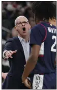  ?? (AP/John Locher) ?? Coach Dan Hurley led Connecticu­t to wins over Arkansas and Gonzaga in Las Vegas to advance to the Final Four. The Huskies dominated the Razorbacks and Bulldogs with win margins of 23 and 28 points on Thursday and Saturday, respective­ly.